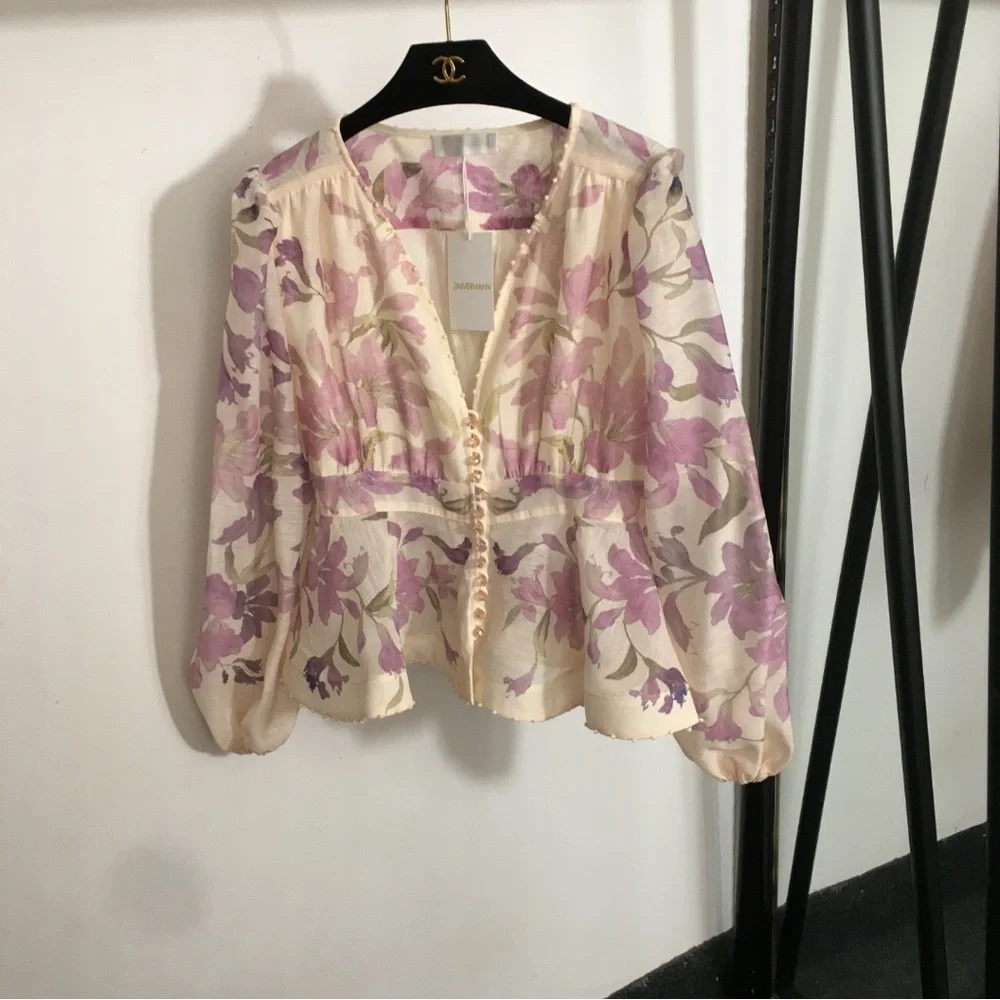ZIMMERMANN Floral Two Piece Set Blouse & Shorts Lightweight Beach Spring - Picture 2 of 7